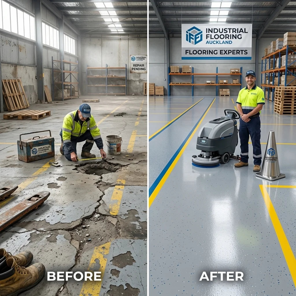 Industrial Flooring Auckland before and after flooring transformation