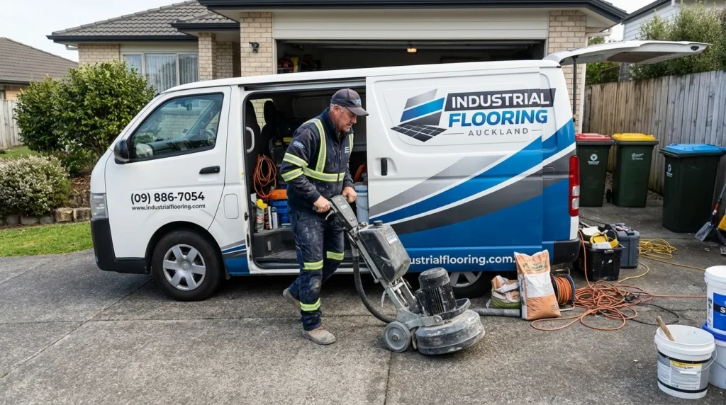 Industrial Flooring Auckland technician installing flooring on site
